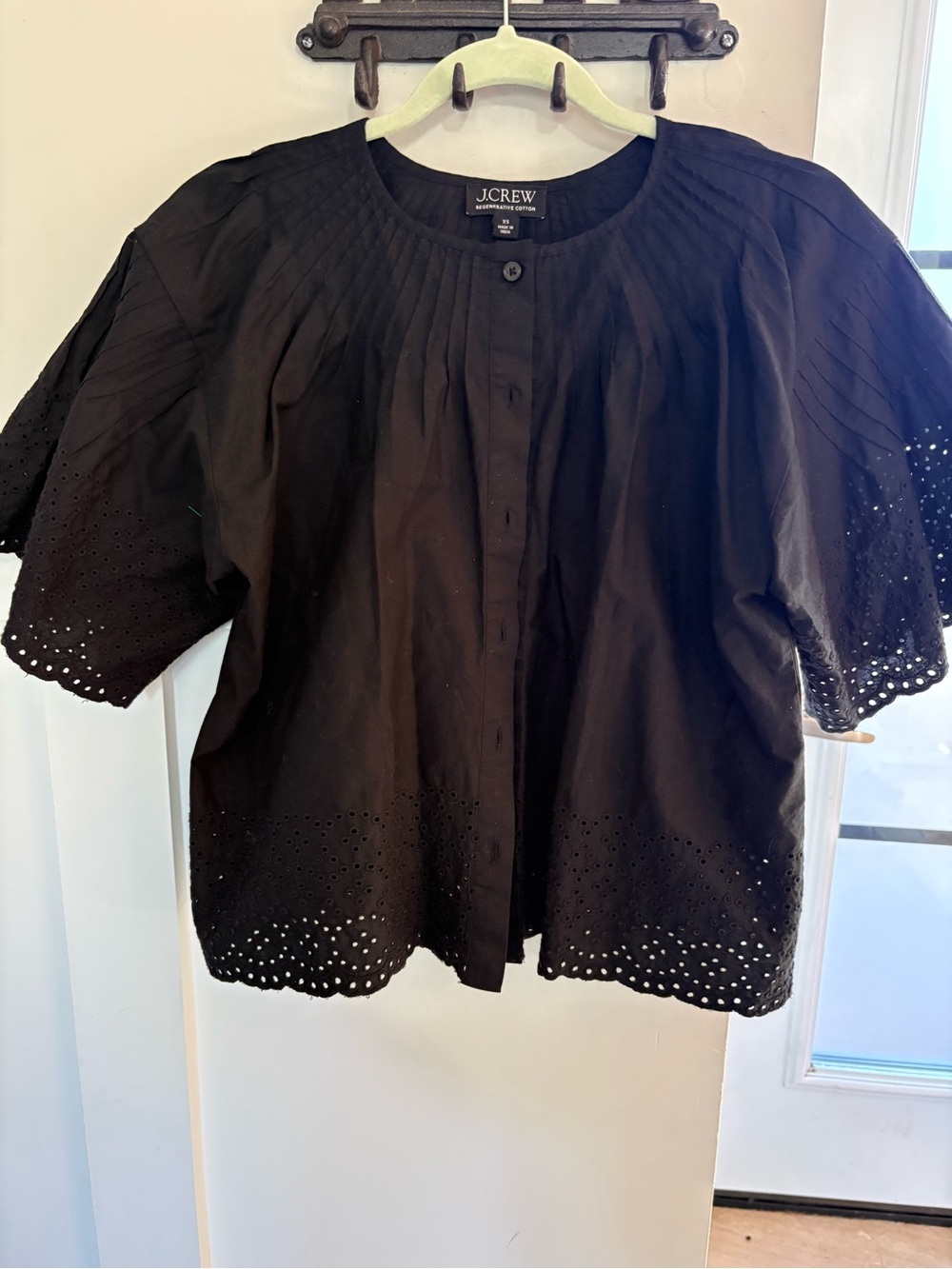J. Crew Black Eyelet Short-Sleeve Button Front Blouse